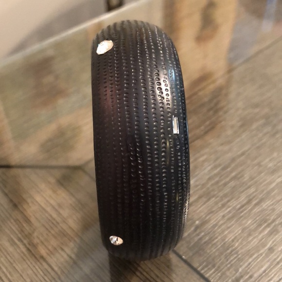 Vintage Black Textured Acrylic Bangle with Cut Glass Rhinestones 9”, approx - Picture 2 of 15